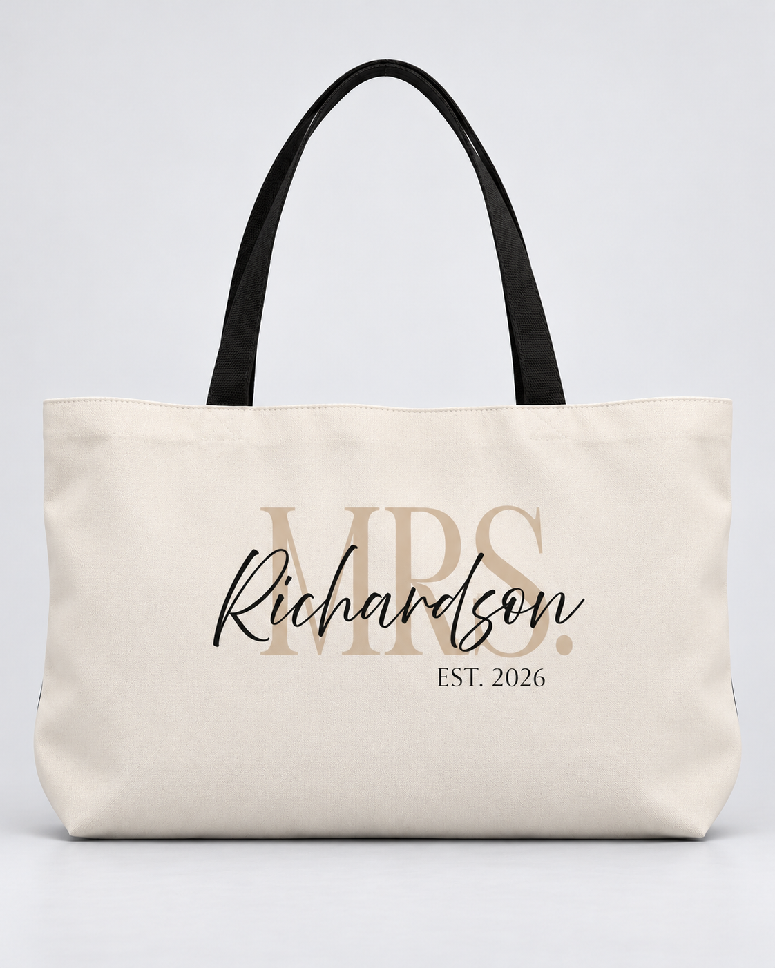 Personalized Mrs. Bridal Weekender Tote | Custom Bride Bag with Last Name, Wedding Year & Couple’s Initials, Ivory & Black