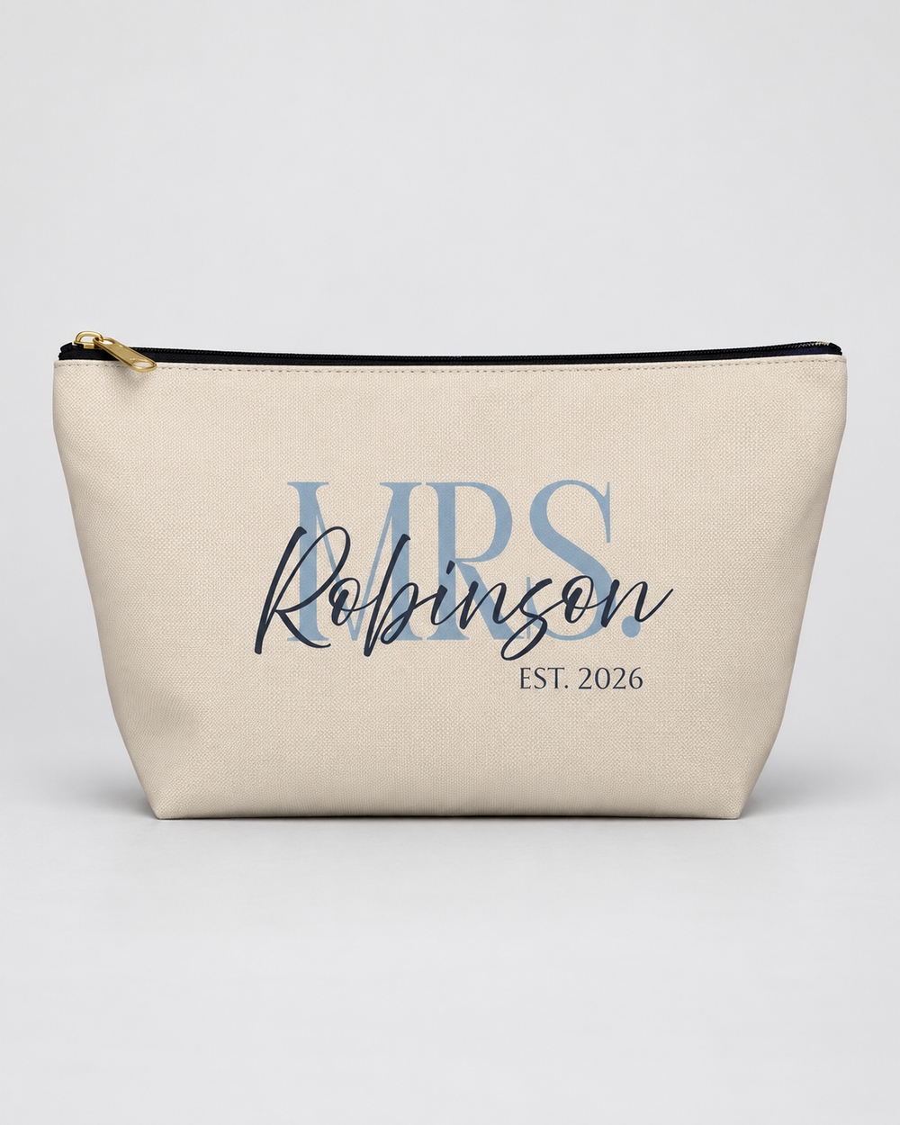Personalized Mrs. Bridal Cosmetic Pouch | Custom Makeup Bag with Last Name, Wedding Year & Couple’s Initials, Ivory & Navy
