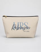 Personalized Mrs. Bridal Cosmetic Pouch | Custom Makeup Bag with Last Name, Wedding Year & Couple’s Initials, Ivory & Navy