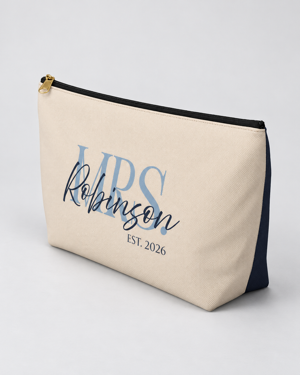 Personalized Mrs. Bridal Cosmetic Pouch | Custom Makeup Bag with Last Name, Wedding Year & Couple’s Initials, Ivory & Navy