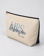 Personalized Mrs. Bridal Cosmetic Pouch | Custom Makeup Bag with Last Name, Wedding Year & Couple’s Initials, Ivory & Navy
