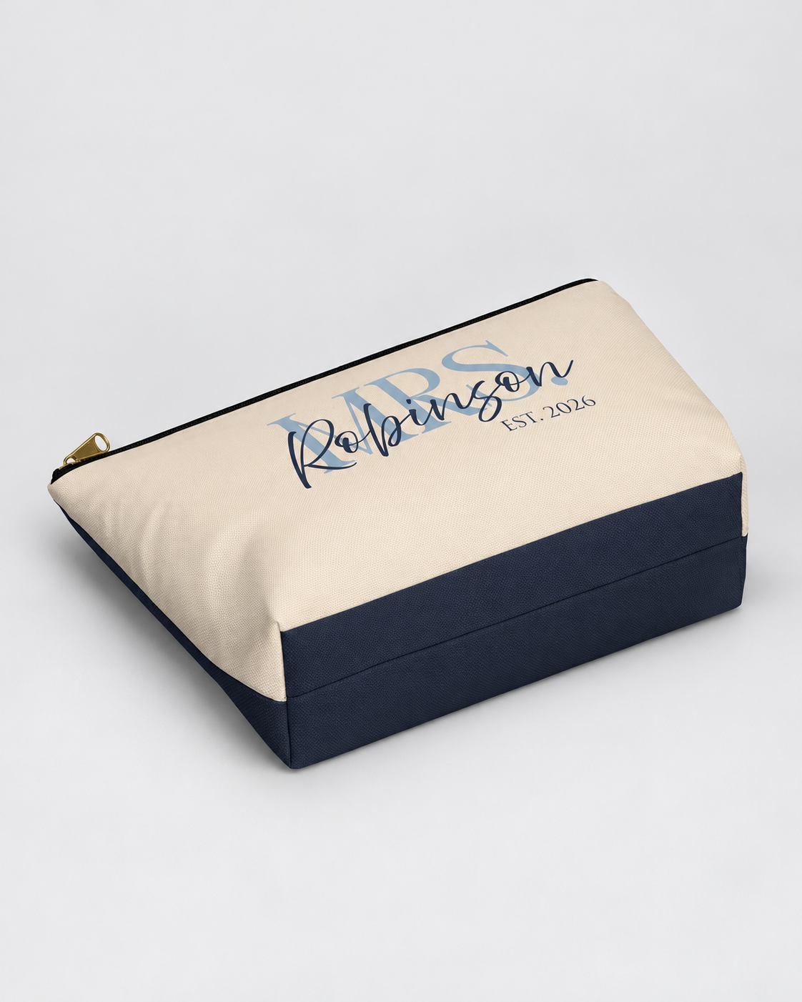 Personalized Mrs. Bridal Cosmetic Pouch | Custom Makeup Bag with Last Name, Wedding Year & Couple’s Initials, Ivory & Navy