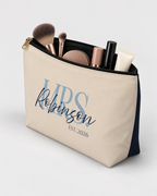 Personalized Mrs. Bridal Cosmetic Pouch | Custom Makeup Bag with Last Name, Wedding Year & Couple’s Initials, Ivory & Navy