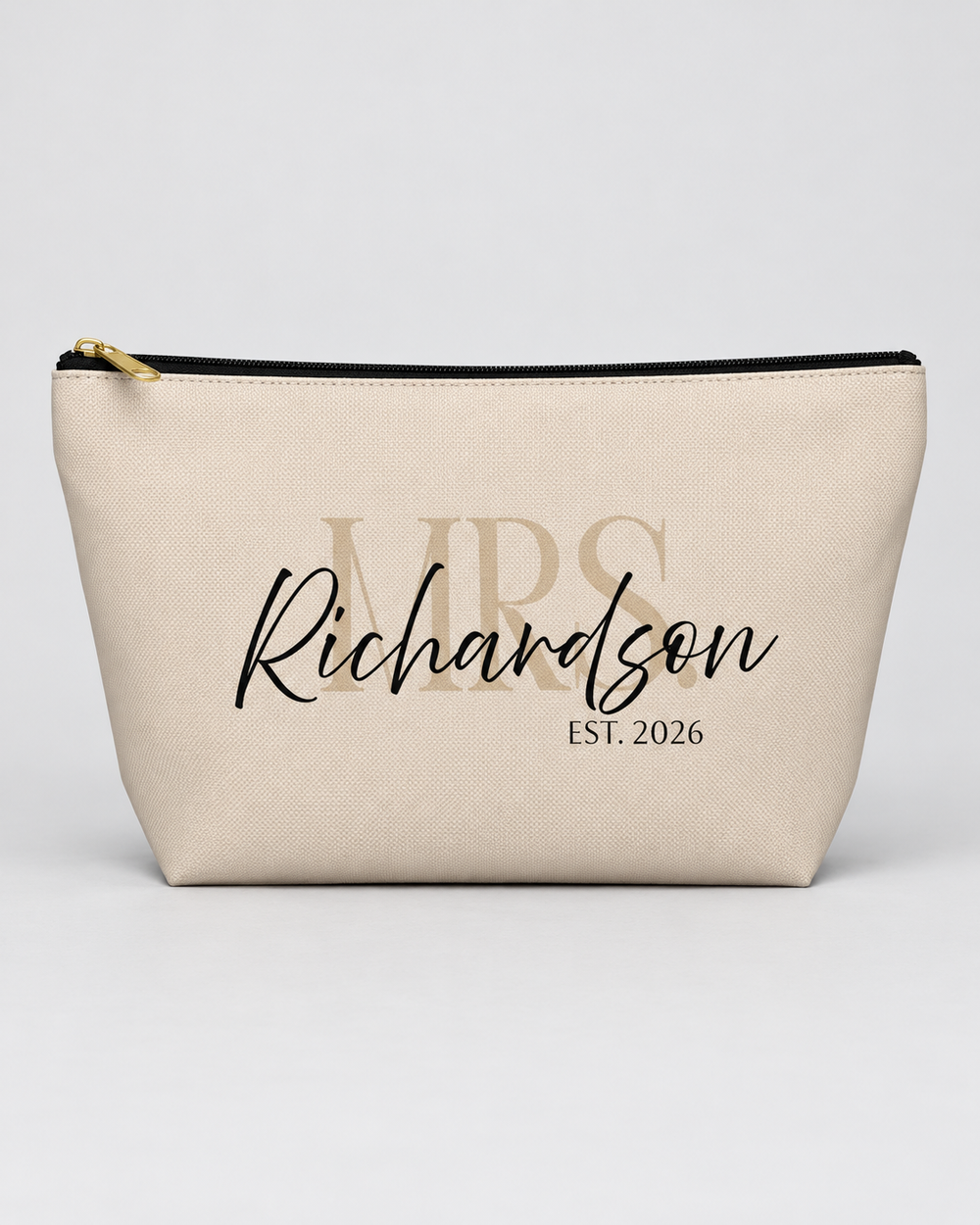 Personalized Mrs. Bridal Cosmetic Pouch | Custom Makeup Bag with Last Name, Wedding Year & Couple’s Initials, Ivory & Black