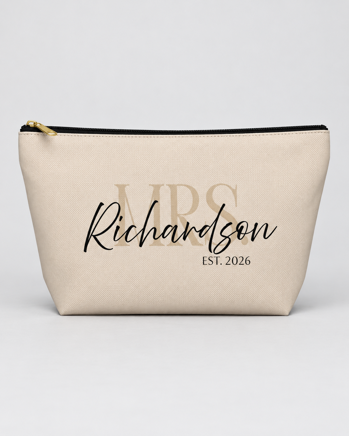 Personalized Mrs. Bridal Cosmetic Pouch | Custom Makeup Bag with Last Name, Wedding Year & Couple’s Initials, Ivory & Black