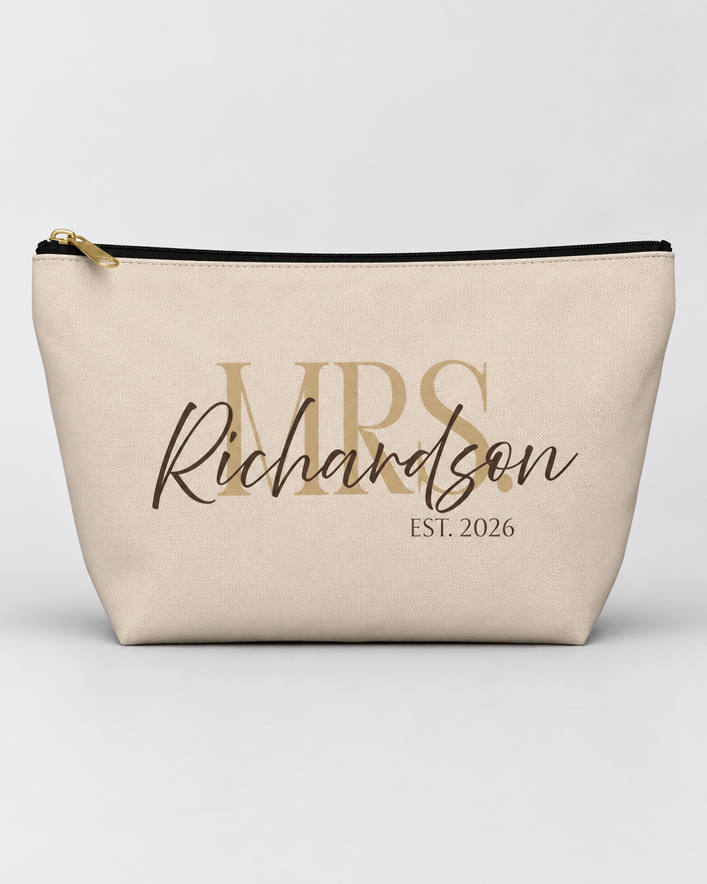 Personalized Mrs. Bridal Cosmetic Pouch | Custom Makeup Bag with Last Name, Wedding Year & Couple’s Initials, Champagne & Espresso