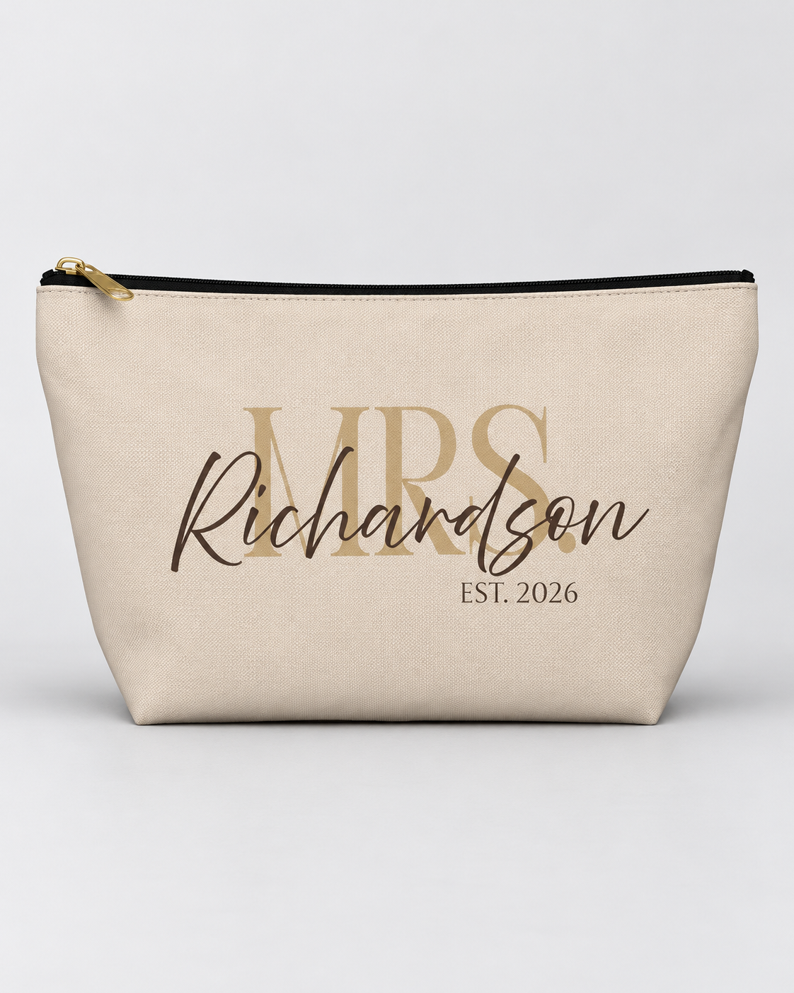 Personalized Mrs. Bridal Cosmetic Pouch | Custom Makeup Bag with Last Name, Wedding Year & Couple’s Initials, Champagne & Espresso