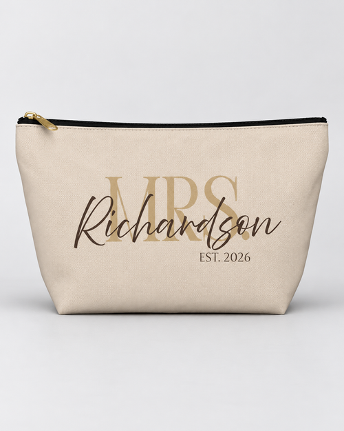 Personalized Mrs. Bridal Cosmetic Pouch | Custom Makeup Bag with Last Name, Wedding Year & Couple’s Initials, Champagne & Espresso