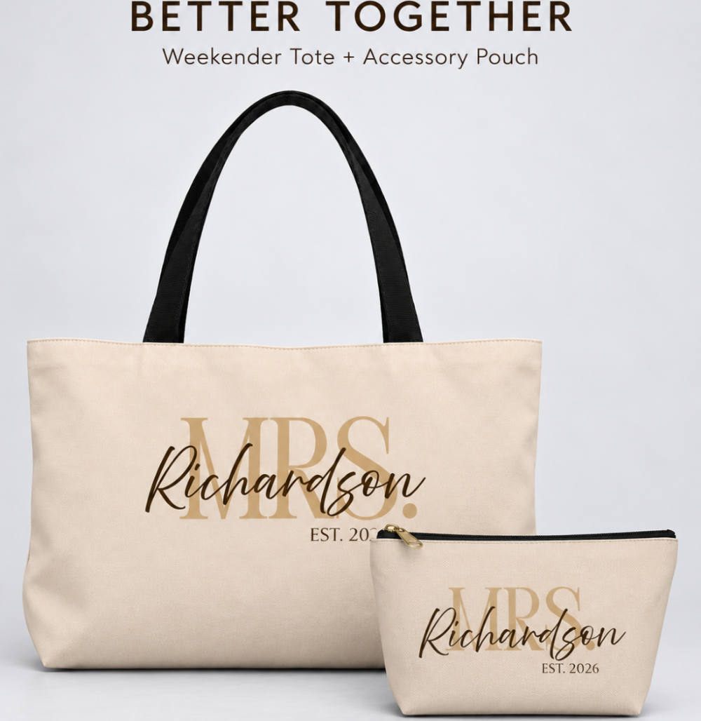 Personalized Mrs. Bridal Weekender Tote | Custom Bride Bag with Last Name, Wedding Year & Couple’s Initials, Champagne & Espresso