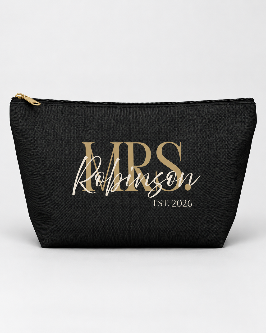 Personalized Mrs. Bridal Cosmetic Pouch | Custom Makeup Bag with Last Name, Wedding Year & Couple’s Initials, Black