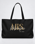 Personalized Mrs. Bridal Weekender Tote | Custom Bride Bag with Last Name, Wedding Year & Couple’s Initials, Black & Ivory