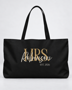 Personalized Mrs. Bridal Weekender Tote | Custom Bride Bag with Last Name, Wedding Year & Couple’s Initials, Black & Ivory