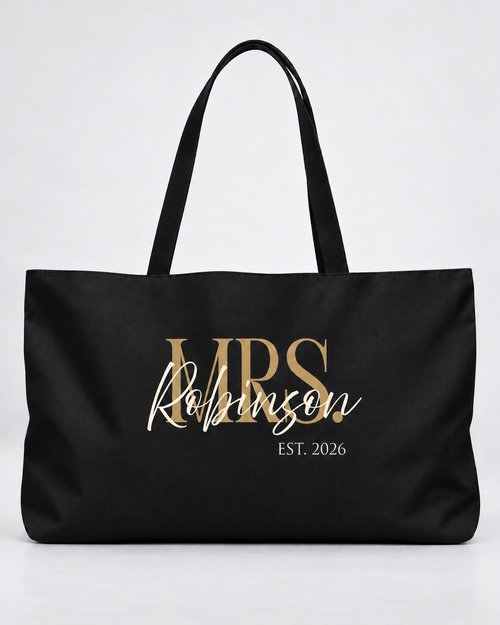 Personalized Mrs. Bridal Weekender Tote | Custom Bride Bag with Last Name, Wedding Year & Couple’s Initials, Black & Ivory