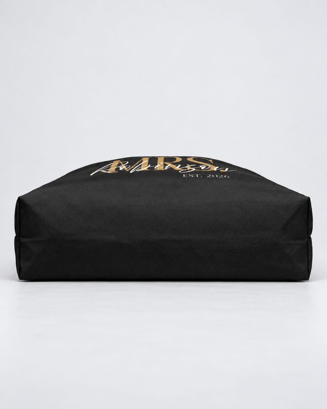 Personalized Mrs. Bridal Weekender Tote | Custom Bride Bag with Last Name, Wedding Year & Couple’s Initials, Black & Ivory
