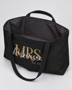 Personalized Mrs. Bridal Weekender Tote | Custom Bride Bag with Last Name, Wedding Year & Couple’s Initials, Black & Ivory