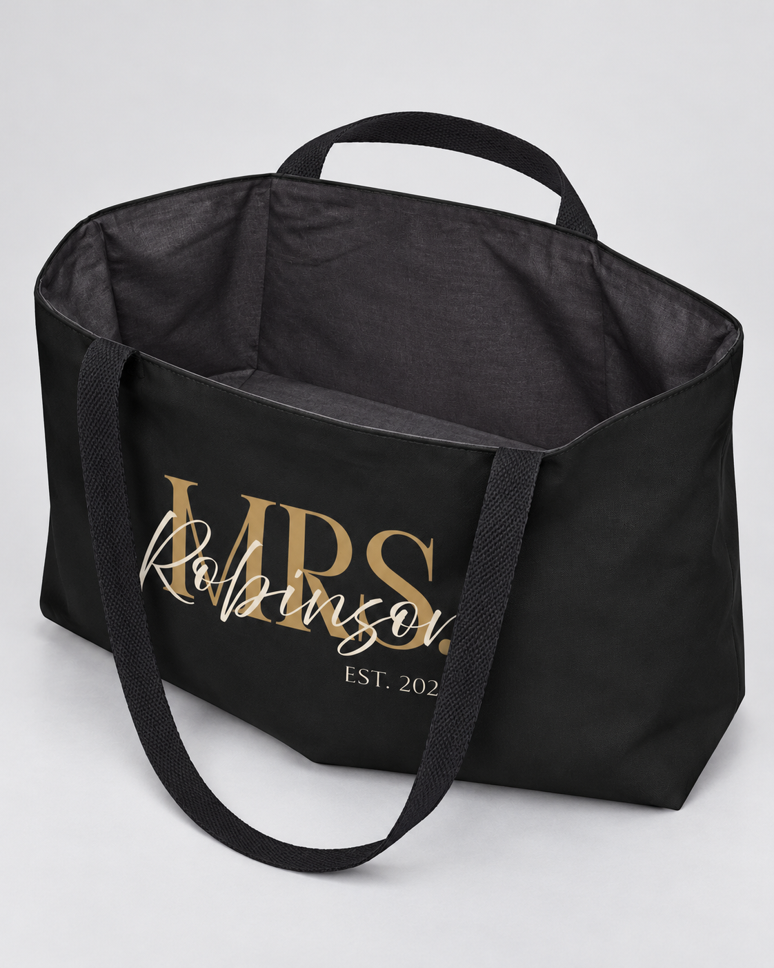 Personalized Mrs. Bridal Weekender Tote | Custom Bride Bag with Last Name, Wedding Year & Couple’s Initials, Black & Ivory