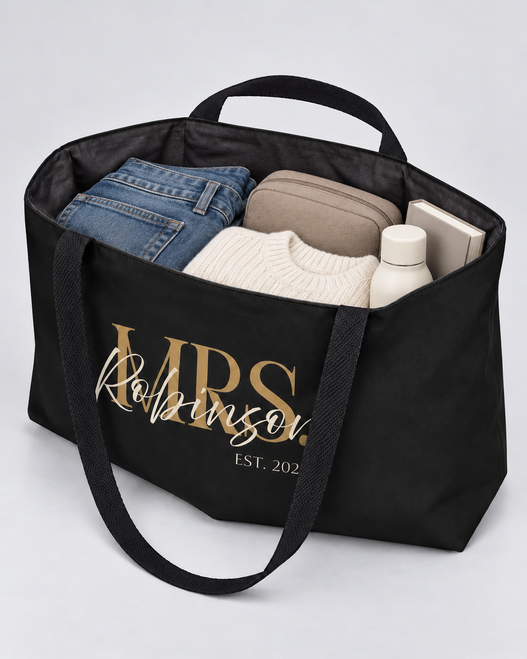 Personalized Mrs. Bridal Weekender Tote | Custom Bride Bag with Last Name, Wedding Year & Couple’s Initials, Black & Ivory