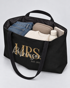 Personalized Mrs. Bridal Weekender Tote | Custom Bride Bag with Last Name, Wedding Year & Couple’s Initials, Black & Ivory