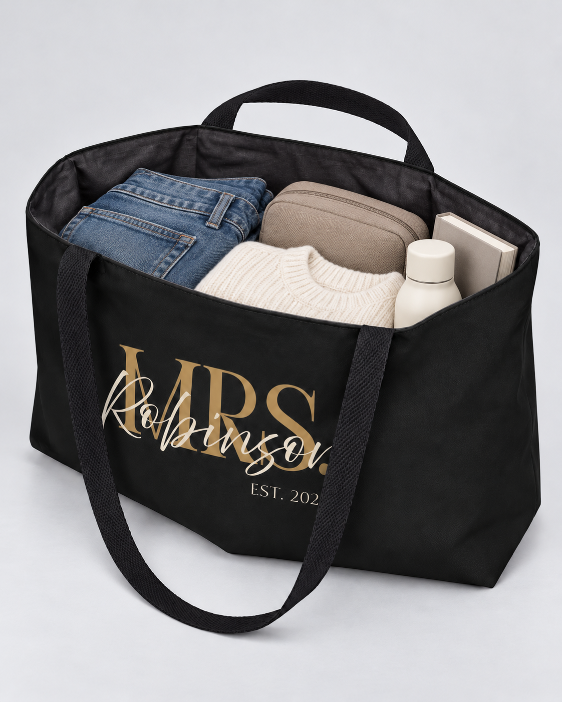 Personalized Mrs. Bridal Weekender Tote | Custom Bride Bag with Last Name, Wedding Year & Couple’s Initials, Black & Ivory
