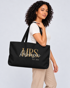 Personalized Mrs. Bridal Weekender Tote | Custom Bride Bag with Last Name, Wedding Year & Couple’s Initials, Black & Ivory