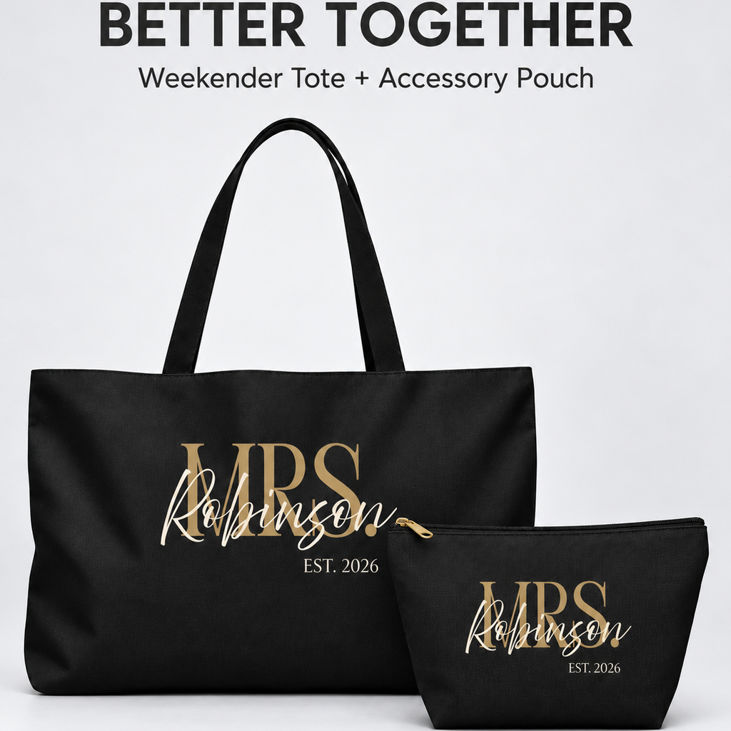 Personalized Mrs. Bridal Weekender Tote | Custom Bride Bag with Last Name, Wedding Year & Couple’s Initials, Black & Ivory