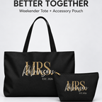 Personalized Mrs. Bridal Weekender Tote | Custom Bride Bag with Last Name, Wedding Year & Couple’s Initials, Black & Ivory