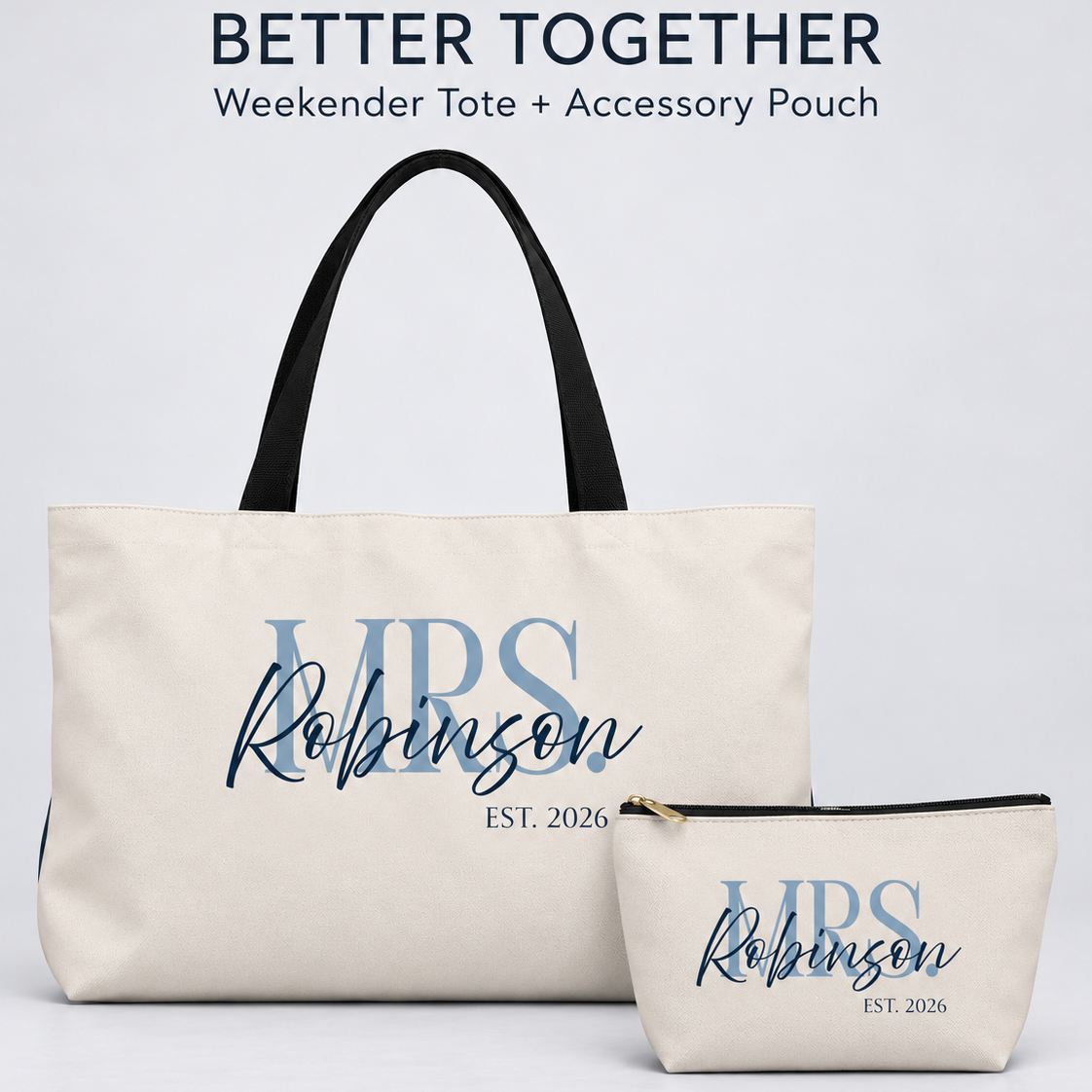 Personalized Mrs. Bridal Weekender Tote | Custom Bride Bag with Last Name, Wedding Year & Couple’s Initials, Ivory & Navy