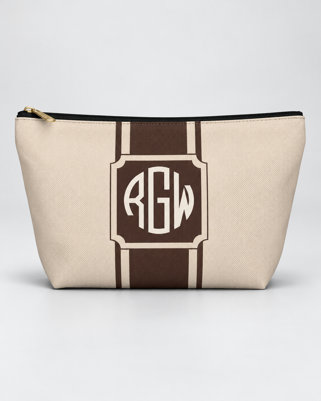 Personalized Signature Stripe Accessory Pouch | Custom Three-Initial Monogram Makeup & Travel Bag, Champagne & Espresso