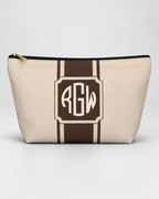 Personalized Signature Stripe Accessory Pouch | Custom Three-Initial Monogram Makeup & Travel Bag, Champagne & Espresso