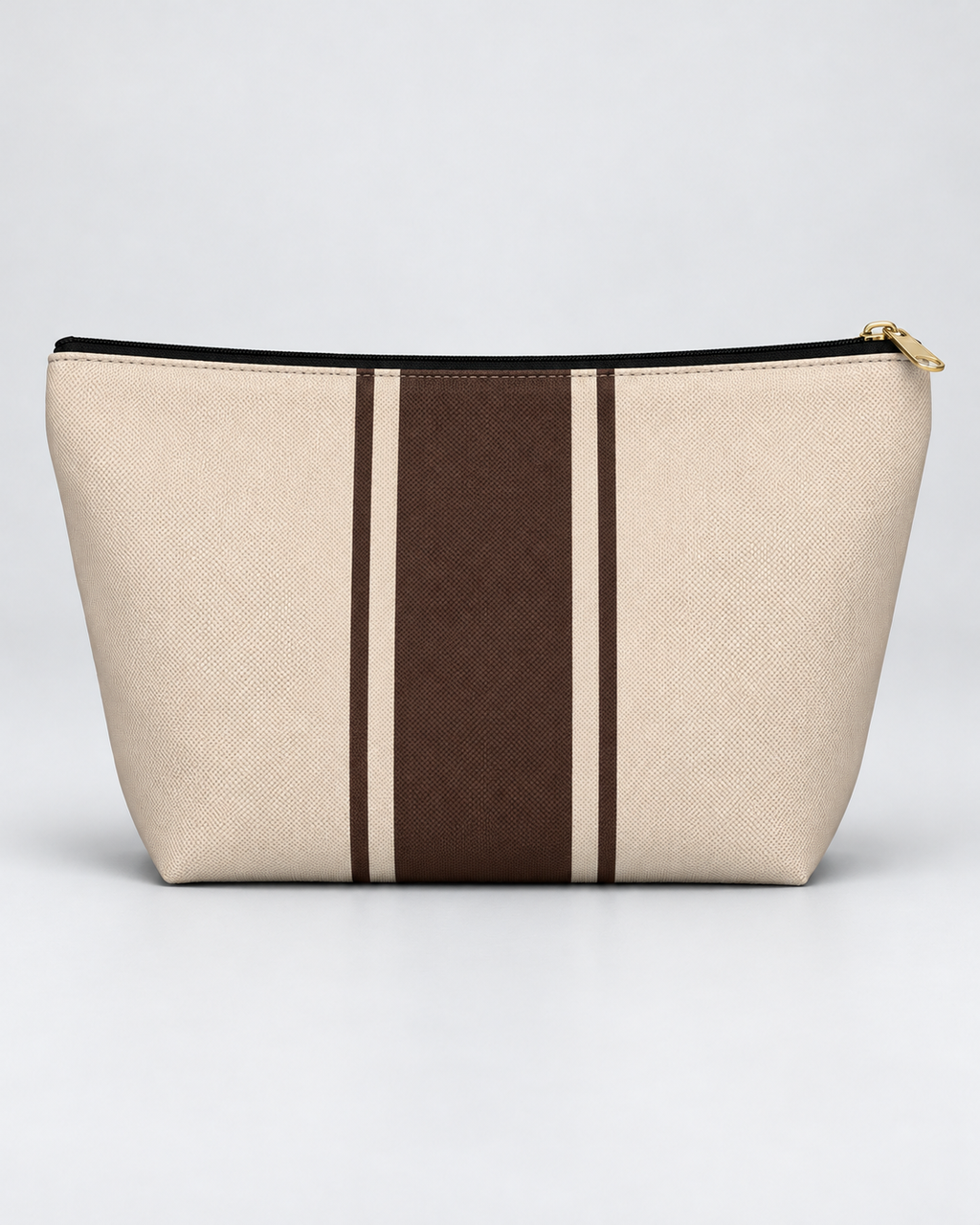 Personalized Signature Stripe Accessory Pouch | Custom Three-Initial Monogram Makeup & Travel Bag, Champagne & Espresso