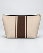Personalized Signature Stripe Accessory Pouch | Custom Three-Initial Monogram Makeup & Travel Bag, Champagne & Espresso
