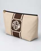 Personalized Signature Stripe Accessory Pouch | Custom Three-Initial Monogram Makeup & Travel Bag, Champagne & Espresso