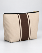 Personalized Signature Stripe Accessory Pouch | Custom Three-Initial Monogram Makeup & Travel Bag, Champagne & Espresso