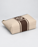 Personalized Signature Stripe Accessory Pouch | Custom Three-Initial Monogram Makeup & Travel Bag, Champagne & Espresso