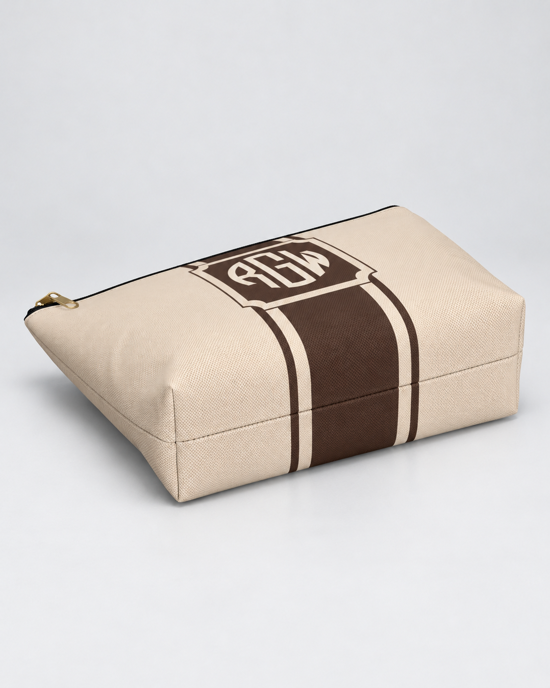 Personalized Signature Stripe Accessory Pouch | Custom Three-Initial Monogram Makeup & Travel Bag, Champagne & Espresso