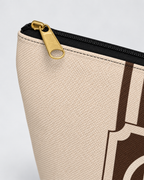 Personalized Signature Stripe Accessory Pouch | Custom Three-Initial Monogram Makeup & Travel Bag, Champagne & Espresso