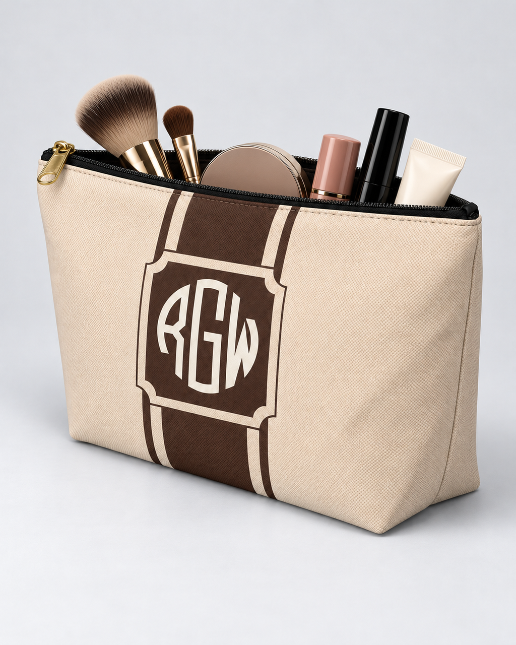 Personalized Signature Stripe Accessory Pouch | Custom Three-Initial Monogram Makeup & Travel Bag, Champagne & Espresso