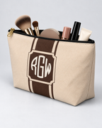 Personalized Signature Stripe Accessory Pouch | Custom Three-Initial Monogram Makeup & Travel Bag, Champagne & Espresso