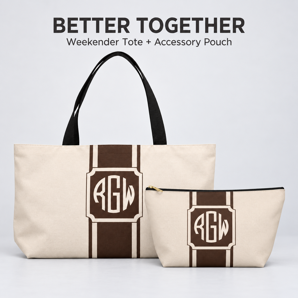 Personalized Signature Stripe Accessory Pouch | Custom Three-Initial Monogram Makeup & Travel Bag, Champagne & Espresso
