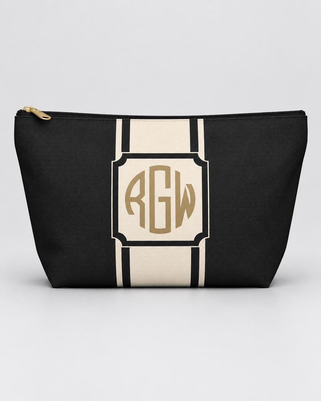 Personalized Signature Stripe Accessory Pouch | Custom Three-Initial Monogram Makeup & Travel Bag, Charcoal & Ivory