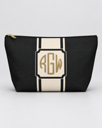 Personalized Signature Stripe Accessory Pouch | Custom Three-Initial Monogram Makeup & Travel Bag, Charcoal & Ivory