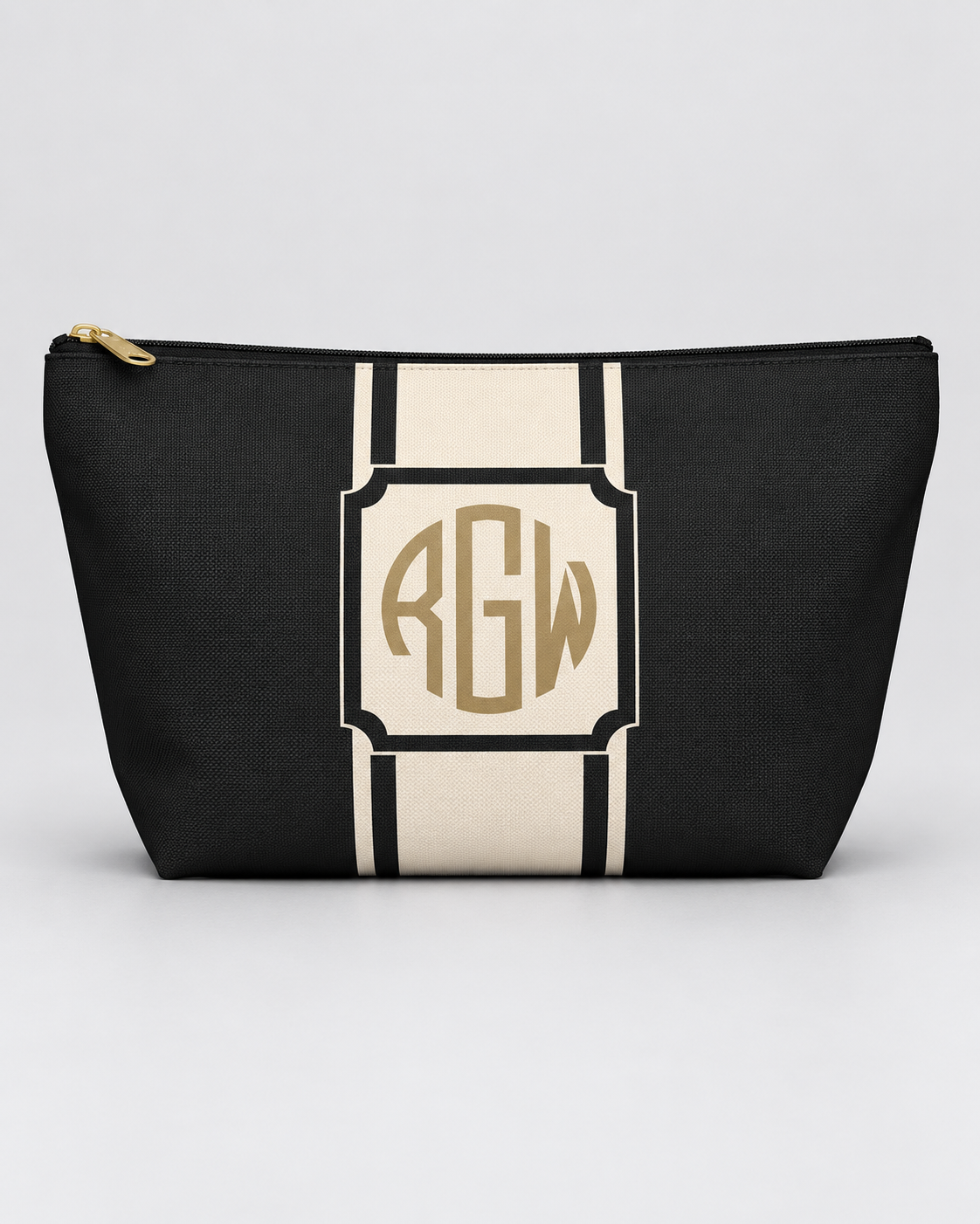 Personalized Signature Stripe Accessory Pouch | Custom Three-Initial Monogram Makeup & Travel Bag, Charcoal & Ivory