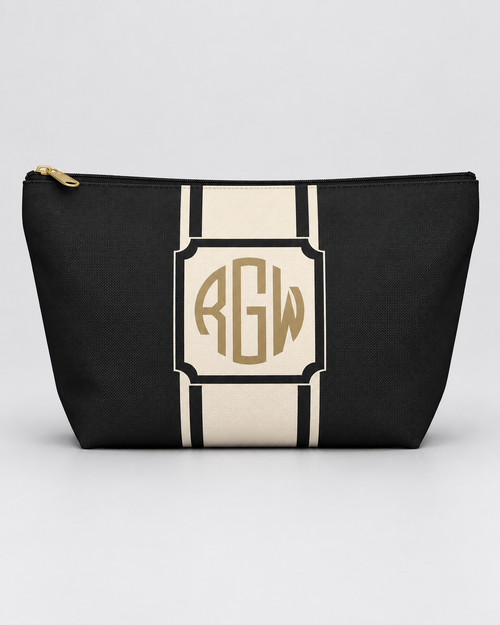 Personalized Signature Stripe Accessory Pouch | Custom Three-Initial Monogram Makeup & Travel Bag, Charcoal & Ivory