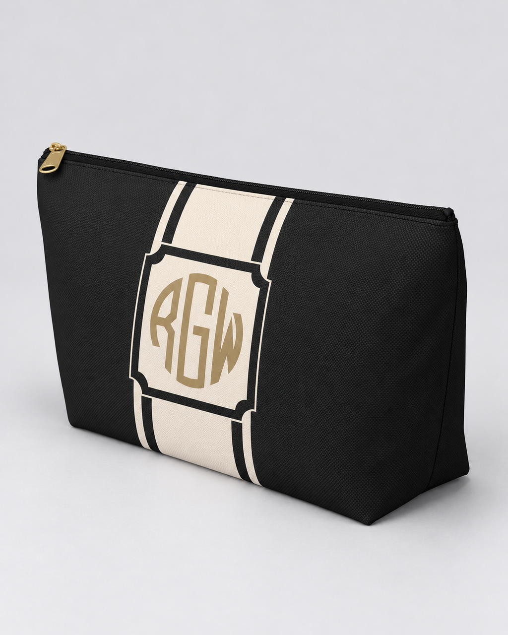 Personalized Signature Stripe Accessory Pouch | Custom Three-Initial Monogram Makeup & Travel Bag, Charcoal & Ivory