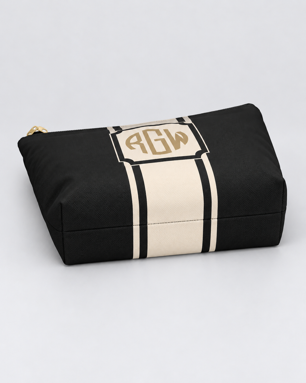 Personalized Signature Stripe Accessory Pouch | Custom Three-Initial Monogram Makeup & Travel Bag, Charcoal & Ivory
