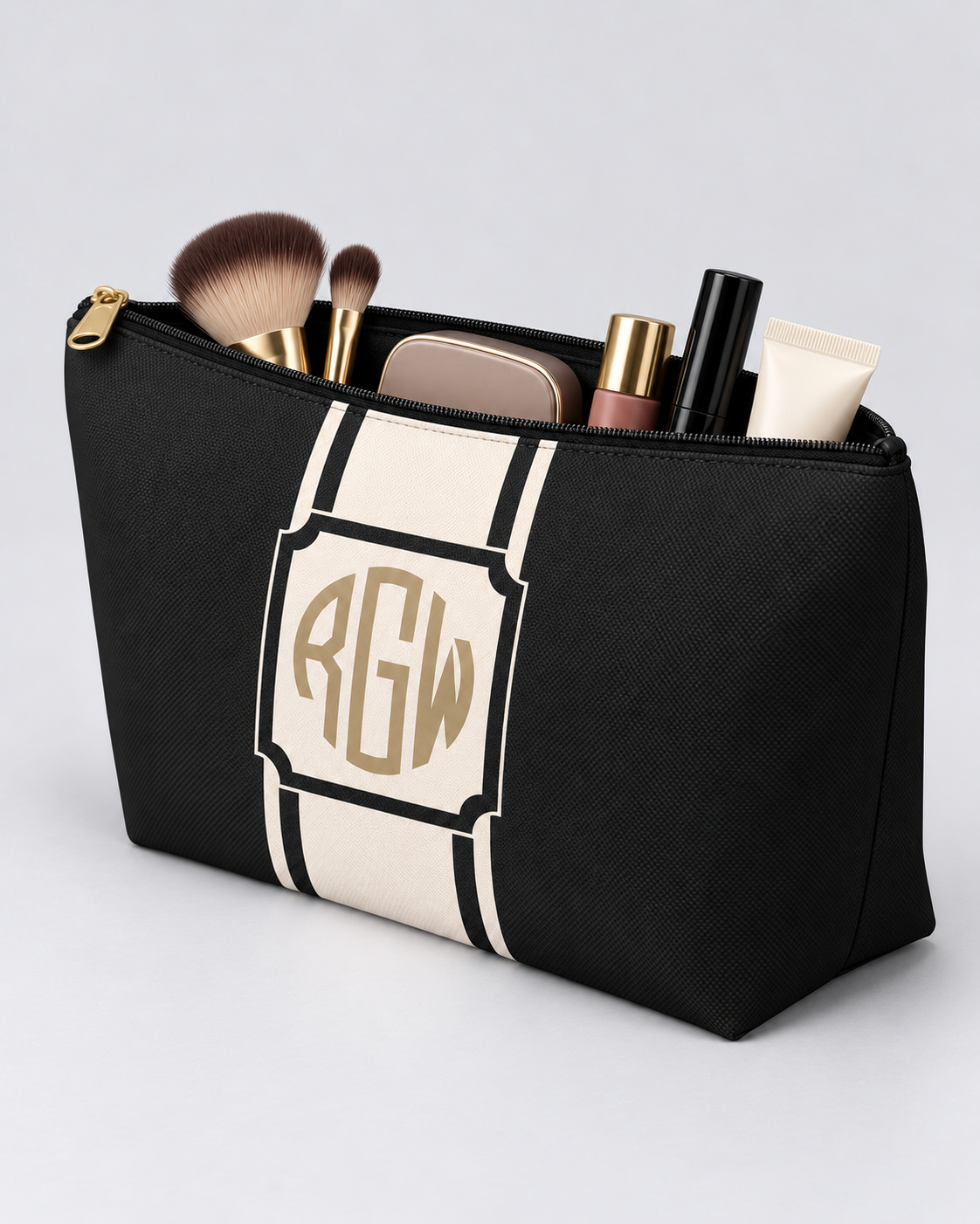 Personalized Signature Stripe Accessory Pouch | Custom Three-Initial Monogram Makeup & Travel Bag, Charcoal & Ivory