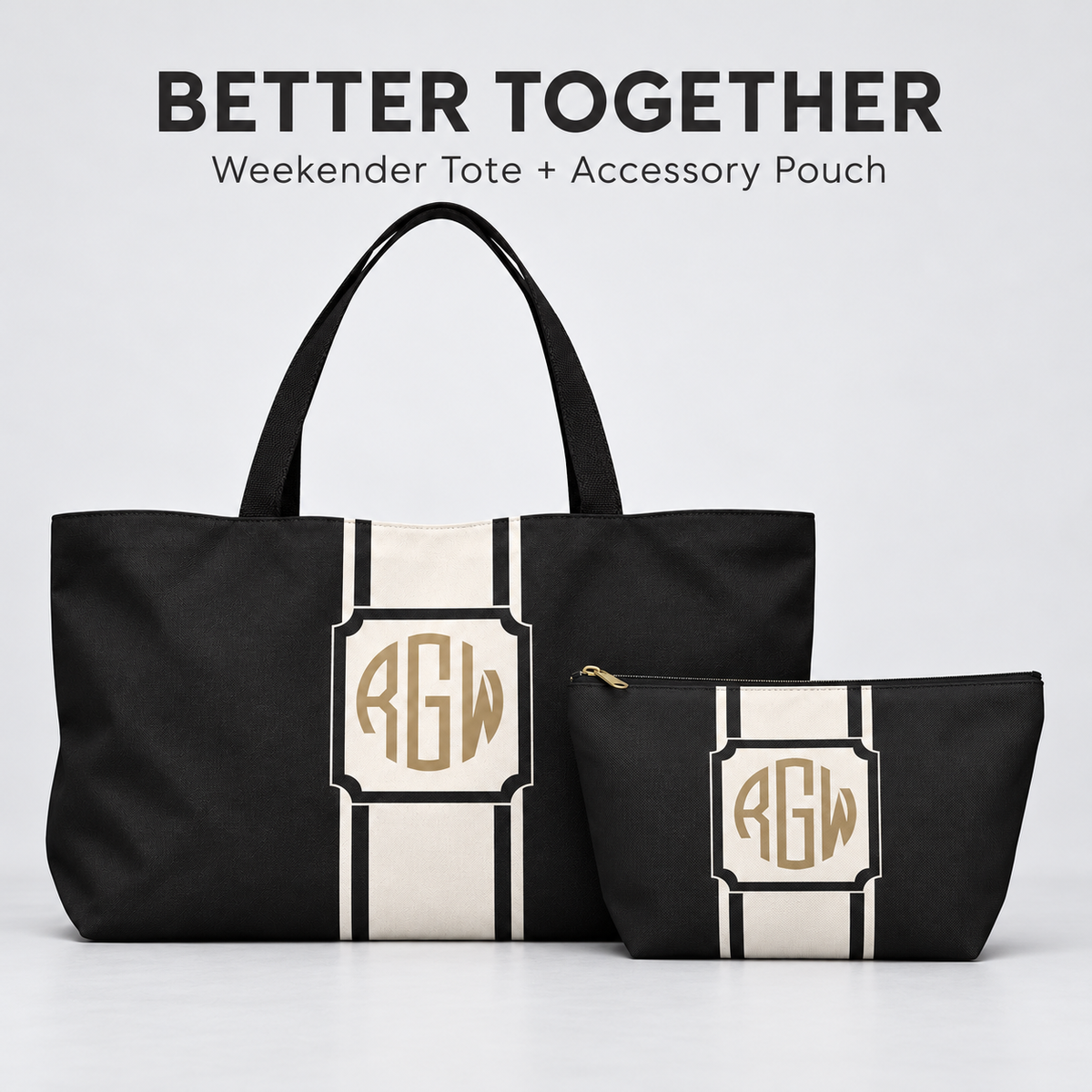 Personalized Signature Stripe Weekender Tote | Custom Three-Initial Monogram Bag, Charcoal & Ivory