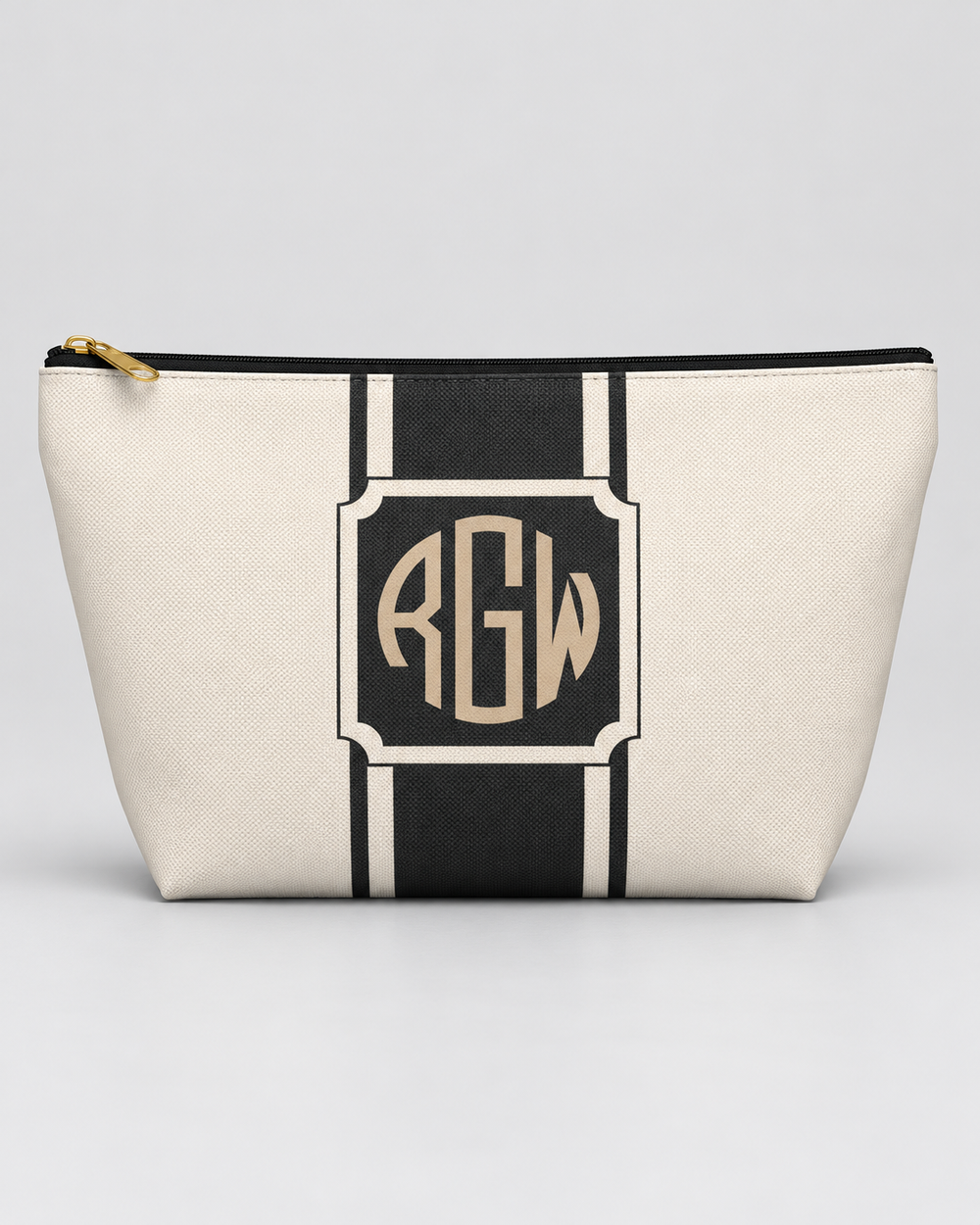 Personalized Signature Stripe Accessory Pouch | Custom Three-Initial Monogram Makeup & Travel Bag, Ivory & Charcoal