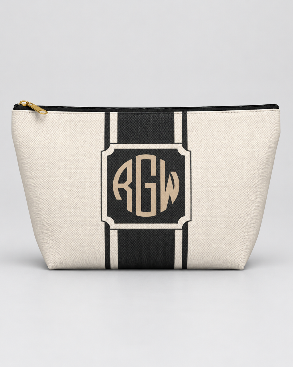 Personalized Signature Stripe Accessory Pouch | Custom Three-Initial Monogram Makeup & Travel Bag, Ivory & Charcoal