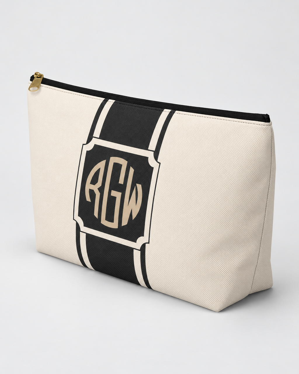 Personalized Signature Stripe Accessory Pouch | Custom Three-Initial Monogram Makeup & Travel Bag, Ivory & Charcoal